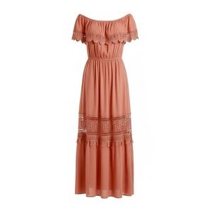 NWOT Altar’d State Boho Off Shoulder Brown Tiered In Lace Maxi Dress Size S